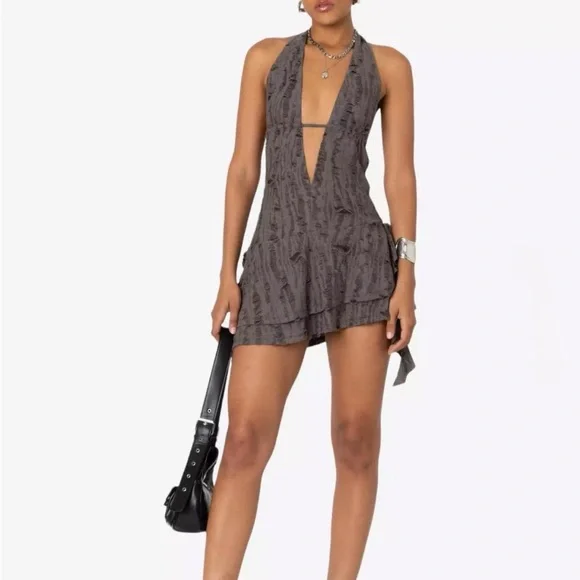 Women’s Edikted Shredded Backless Halter Mini Dress Deep V-Neck Grunge Small - Picture 1 of 16
